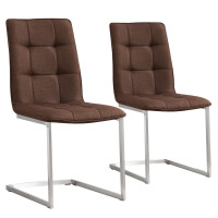 Esszimmerstühle Freischwinger 2er Set Braun mit Steppung in Sitz und Rücken, Edelstahlgestell